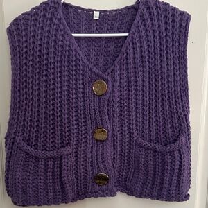 Purple Chunky Knit Button-Front Sweater Vest
